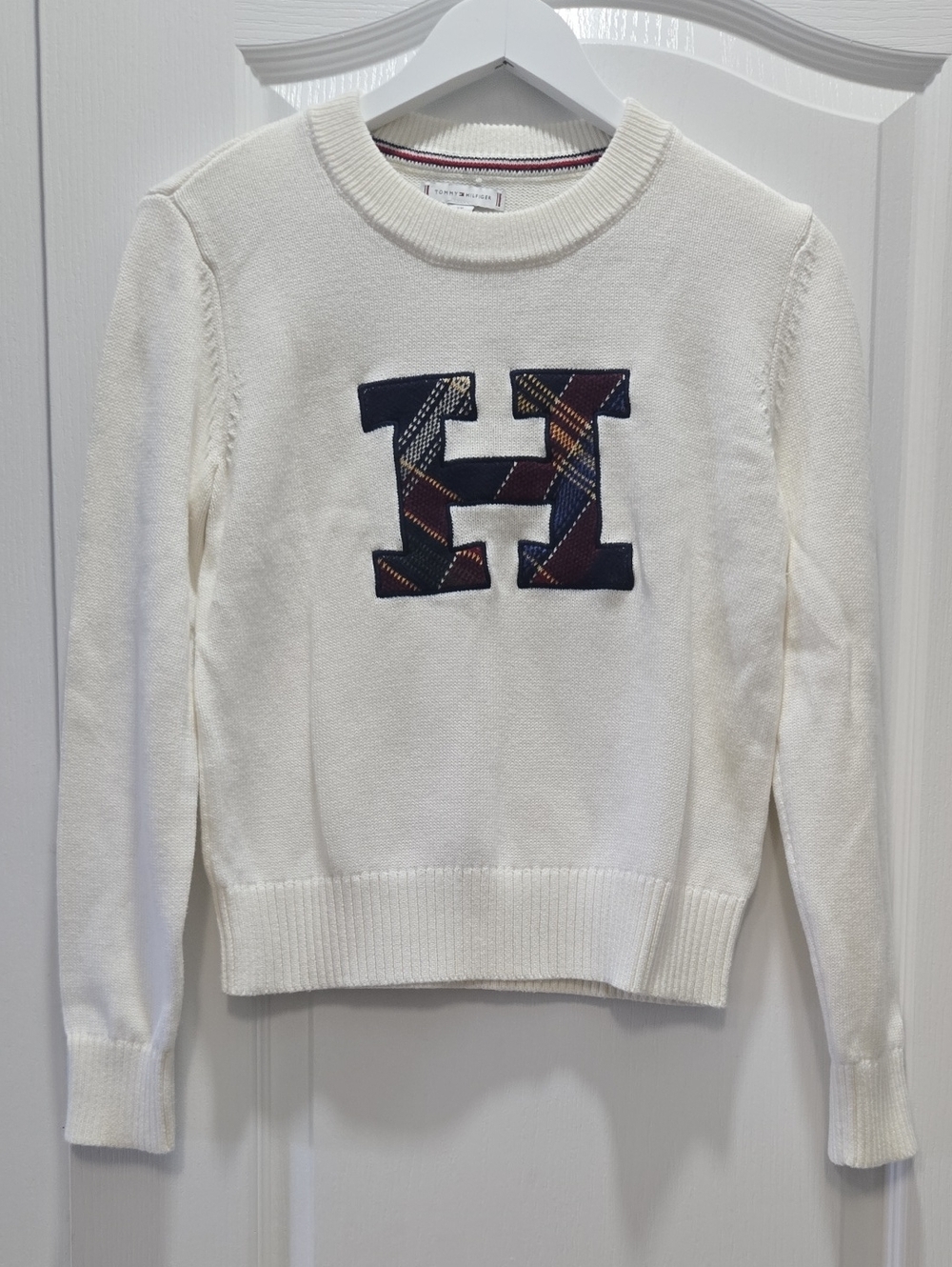 Tommy Hilfiger Cream Crewneck Sweater with Plaid 'H' Applique